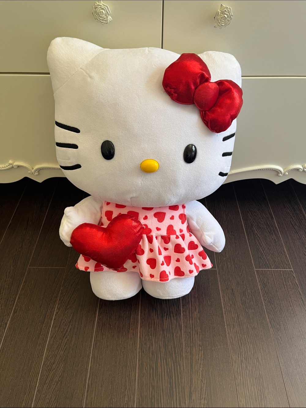 Hello Kitty White Plush with Red Bow and Heart-Print Dress